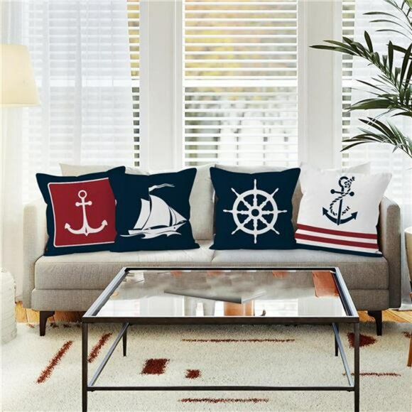 Navy Blue Nautical Anchor Pillow Covers 18x18 Set of 4 Ocean Coastal Boat Decor - Picture 2 of 8